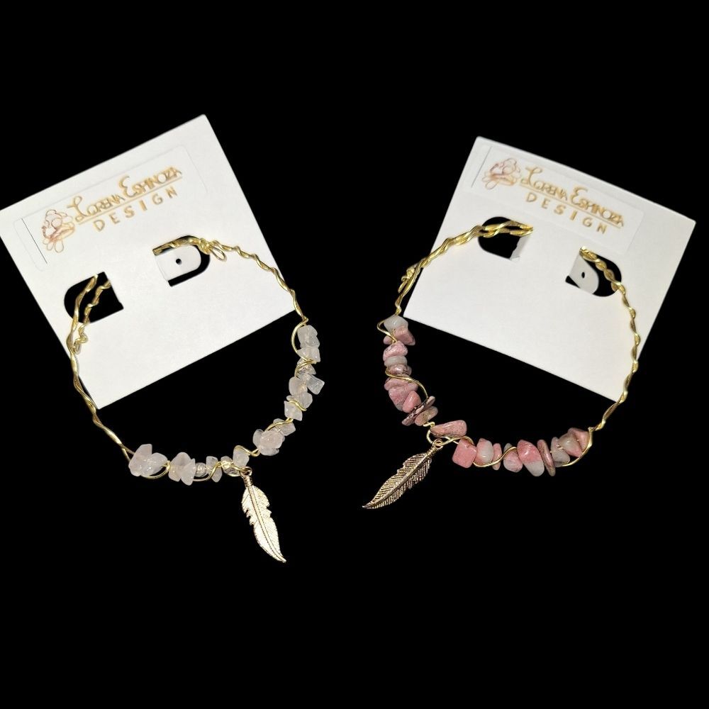 (2) Elegant Gold and Pink and White Feather Bracelets